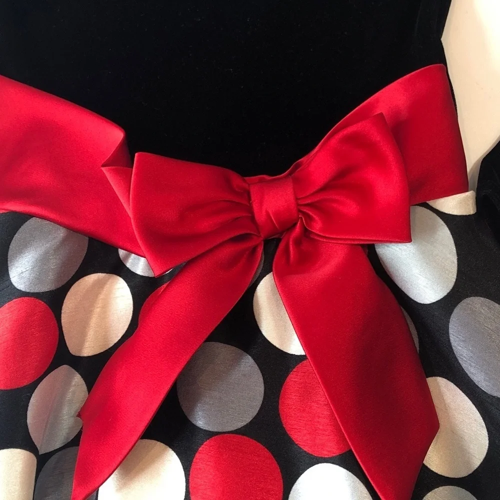Ashley Ann Christmas Dress Black Velvet Red Gray White Dot Skirt Girls 8 NWOT